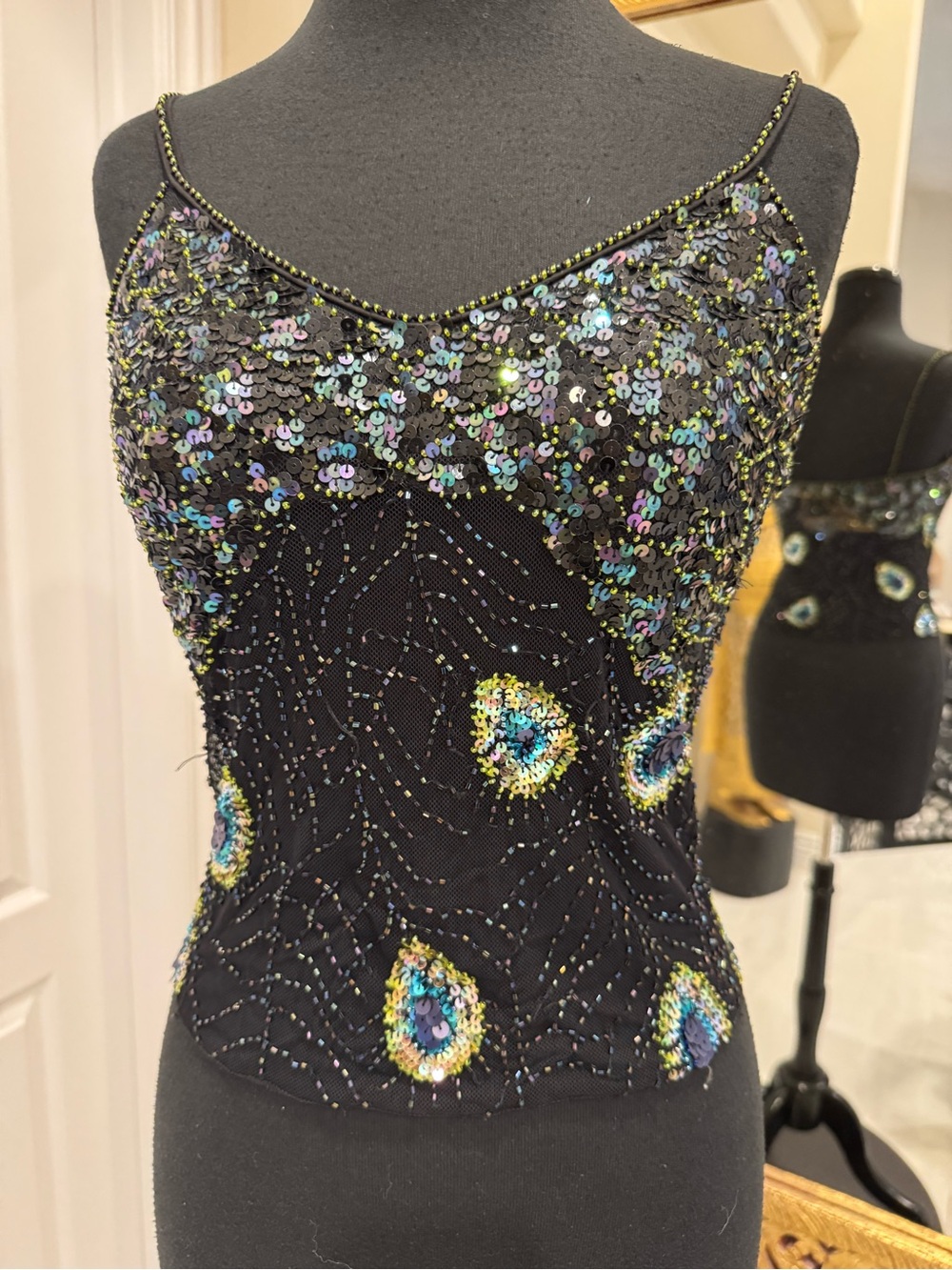 Black Beaded & hand beaded Sequin Peacock Motif Cami Top stretch - Picture 3 of 6
